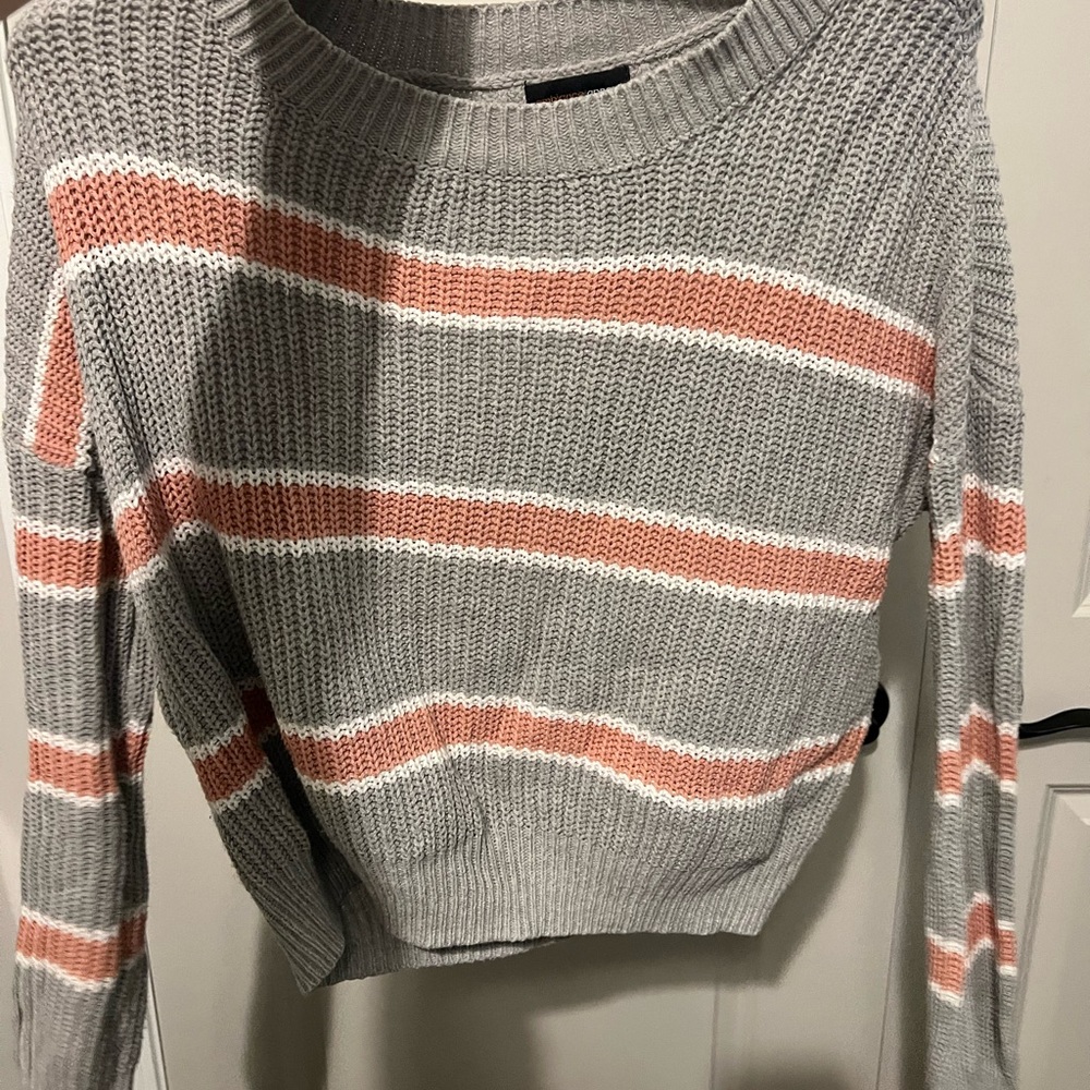 Ambiance Gray and Coral Striped Sweater